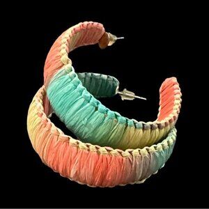 Rainbow Raffia Woven Hoop Earrings Multicolor Lightweight Boho Design For Women